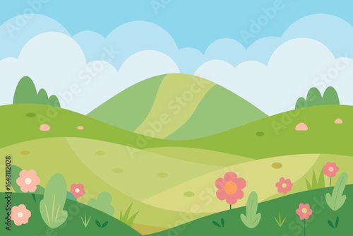 A serene summer landscape of green hills and trees under a clear blue sky, capturing the essence of the countryside