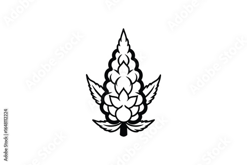 A black and white illustration of a hop cone with leaves silhouette