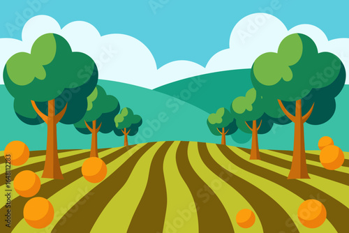Autumn landscape with trees and hills under a cloudy sky