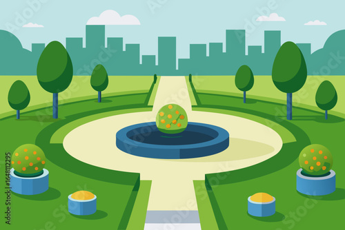 Eco green city landscape with cartoon illustration of nature, trees, and buildings under a summer sky