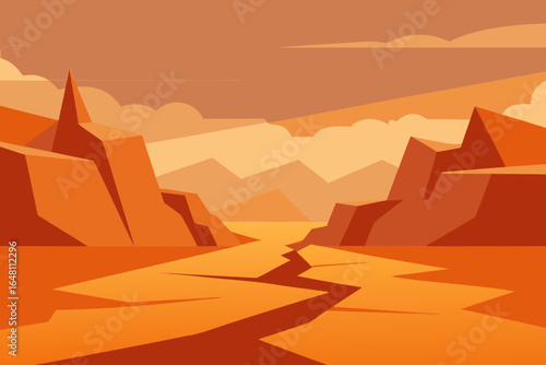 An illustration of a vibrant orange sunset over a desert landscape with pyramids, mountains, and a distant river under an abstract sky
