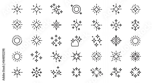 Hand-drawn sparkle and star doodle icons collection with various shine effects and magical symbols for creative designs