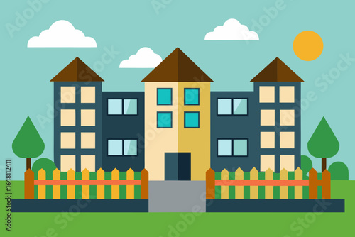 Vector illustration of houses and buildings in a modern urban city with cartoon-like architecture and apartment designs