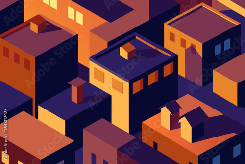 Isometric city illustration featuring abstract buildings, houses, and streets on a modern urban plan