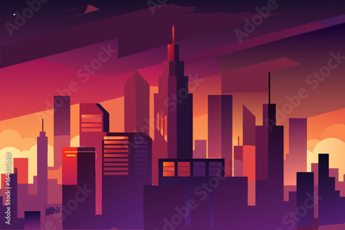 Abstract urban design of a city skyline at night with modern skyscrapers and architecture