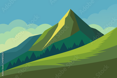 Vector illustration of a green mountain landscape with a summer sky and fluffy clouds