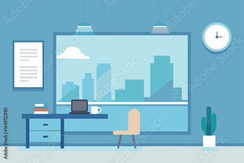 Modern office interior design featuring a spacious room with a desk, chair, computer, and a large window overlooking a building
