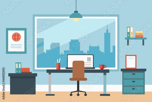 Vector illustration of a modern office interior with desks, chairs, computers, and furniture for business design