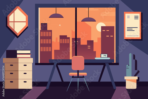 Vector illustration of an office building interior with office furniture, a wooden desk, and a chair
