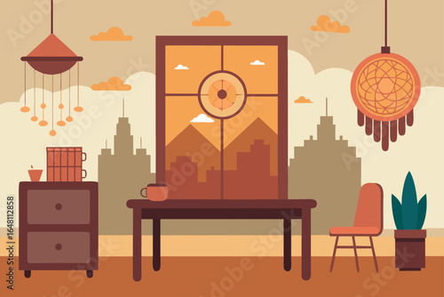 Vector illustration of modern interior design with luxury wooden furniture, a dining table, and chairs in a stylish restaurant or cafe