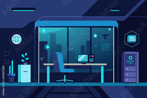Automated electricity controls a modern office building interior at night, providing a high-tech business environment