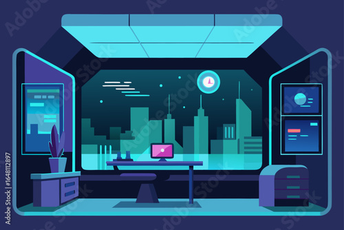 Modern interior design for an urban city hall room with a cinema television screen on the wall