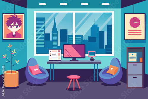 Modern home and office interior design with vector icons of furniture, kitchen, and living room elements