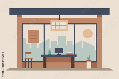 Vector illustration of an empty modern living room with a bookshelf and a window