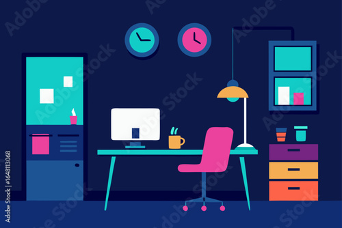 Contemporary interior design of a home office with a minimalist desk and a comfortable chair