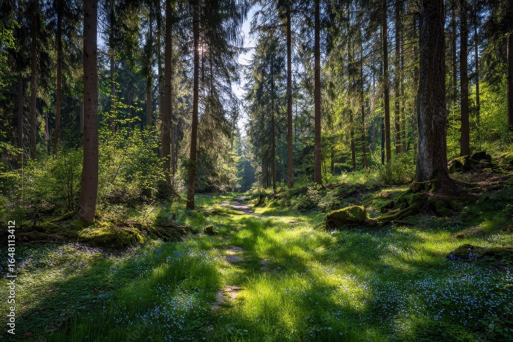 Obraz premium Spring forest with greenery on a sunny day Czech Republic Europe