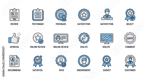 Customer feedback icons for review, satisfaction, and endorsement, showcasing business success and positive ratings.