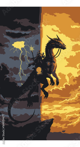 Fantasy hero on a mythical creature silhouetted against a split sky, a vertical conceptual clash of storm versus sun.