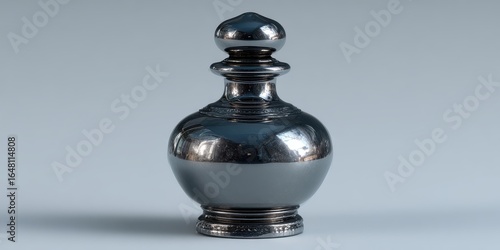 Silver vase with a silver top sits on a white background