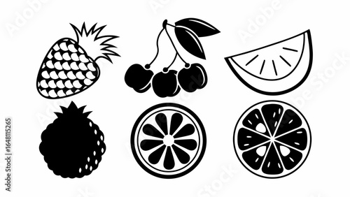 "Silhouette fruit icons set in flat glyph vector design — includes tropical, berry, and citrus fruits — clean lines, geometric simplification, perfect for app or packaging use."