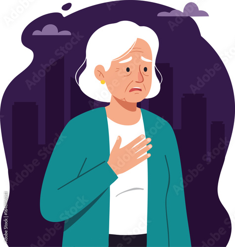 Elderly woman feeling chest pain and discomfort in urban environment with dark purple background vector illustration 