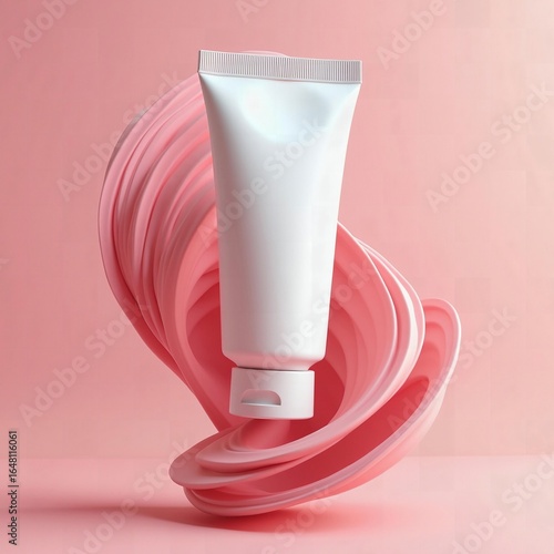 Cosmetic Tube Mockup with Abstract Pink Swirl