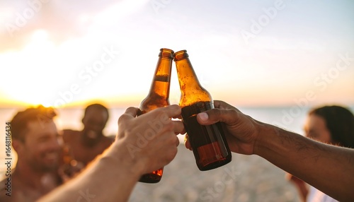 Friends toasting with beer bottles on a beach at sunset