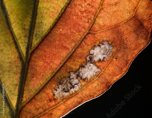 extreme closeup of leaf with fungal infection showing organic discoloration raised textures and subtle structure change