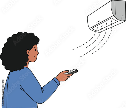 Woman Using Remote Control to Operate Air Conditioner Indoor Cooling Technology Illustration 