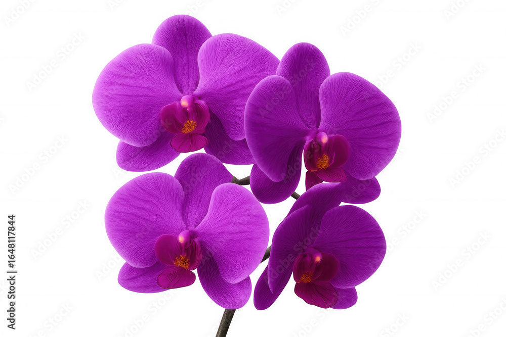 Fototapeta premium Purple orchid blossoming with graceful petals, highlighting intricate floral details against pristine white backdrop