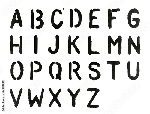 Black spray-painted stencil alphabet letters on white background, bold military style, graffiti street art typography design.