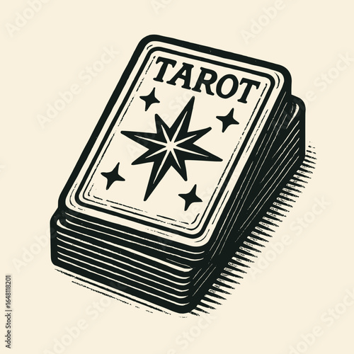Linocut illustration of a tarot card deck, mystical fortune telling style, vector black and white drawing SVG