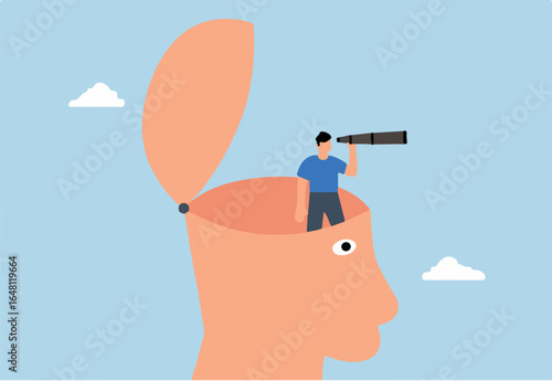 businessman with binoculars opens his head above cloudy storm to get clear view.