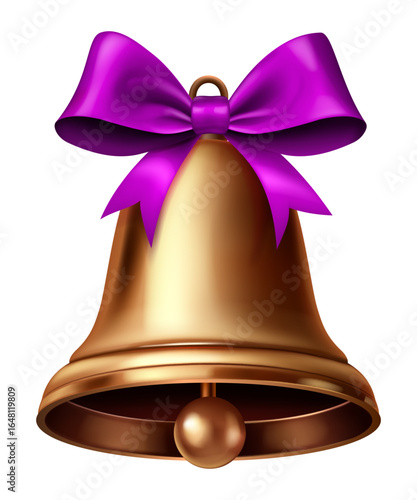 A vibrant golden Christmas bell with a polished, glossy surface is decorated with a lush purple bow tied at the top, adding a touch of elegance and festivity. Isolated on white background.