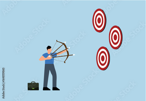businessman aims several arrows at three targets