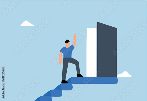 businessman reaching the top of ladder opens the door of possibilities to bright light.