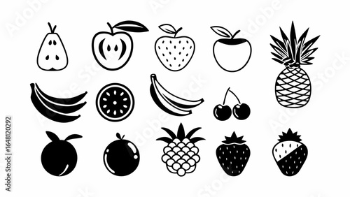 "Flat design glyph symbols of fruits, bold black silhouettes, tropical and seasonal variety, clean vector format, high contrast against white."