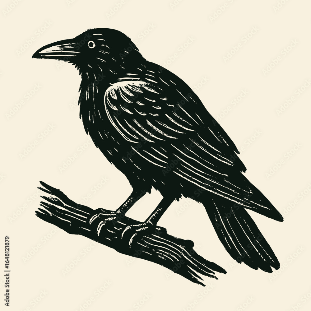 Fototapeta premium Linocut illustration of a raven perched on a branch, vintage woodcut style, vector black and white drawing SVG