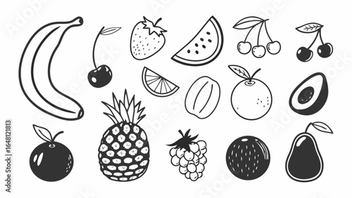 "Black silhouette fruit glyph icons set — banana, strawberry, pineapple, watermelon, grapes, mango, blueberries, peach, cherry, lemon, avocado, pear, kiwi — simplified modern design."