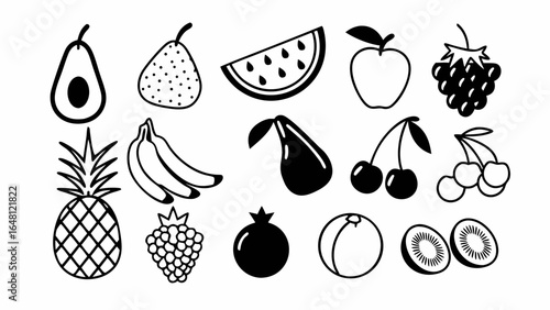"Black silhouette fruit glyph icons set — banana, strawberry, pineapple, watermelon, grapes, mango, blueberries, peach, cherry, lemon, avocado, pear, kiwi — simplified modern design."