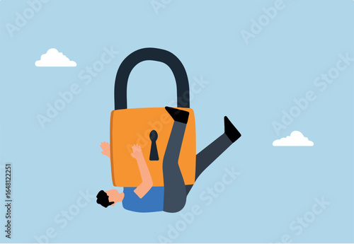 businessman dying in depression under burden of heavy lock pillow.