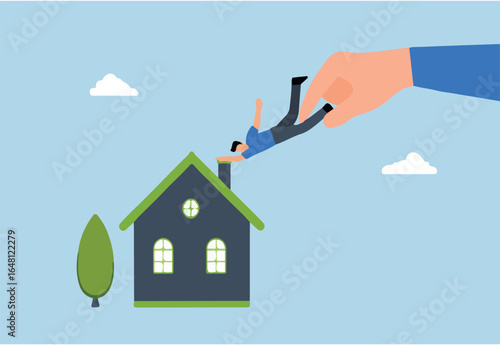 large hand of manager drags the worker from home back to the workplace.