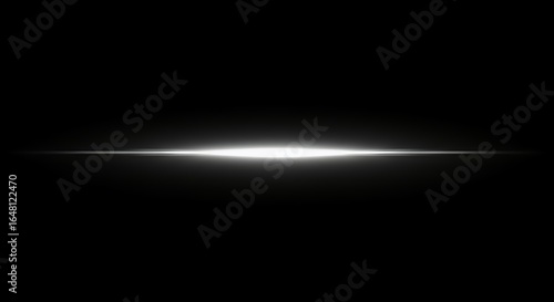 Soft white silver horizontal light beam with subtle lens flare effect on black background for minimalist design projects