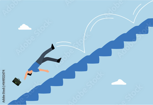 Business risk, unlucky entrepreneur tumbles down the stairs due to a financial downturn or falters in his profession.