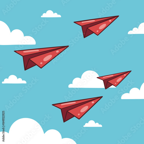 Red paper airplanes flying in blue sky with white clouds vector illustration in cartoon style 