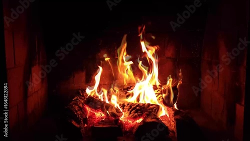 Warm cozy burning fire in a brick fireplace, close-up shot.