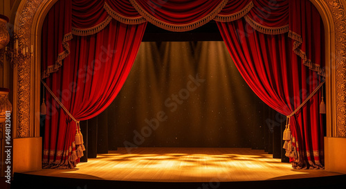 Empty theater stage with luxurious red velvet curtains and golden details under dramatic spotlights.