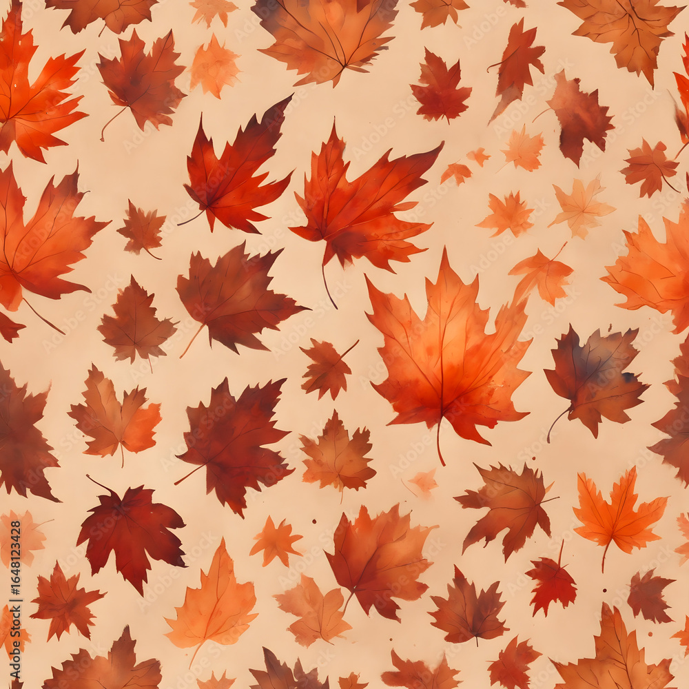 Fototapeta premium Watercolor pattern showcasing various autumn leaves in shades of brown. A perfect background for fall-themed designs.
