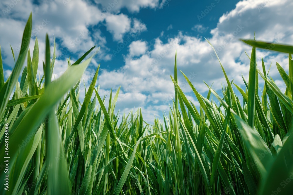 Fototapeta premium Spring photos of cereal crops in a vibrant field like wheat oats or corn under a blue sky with fluffy clouds