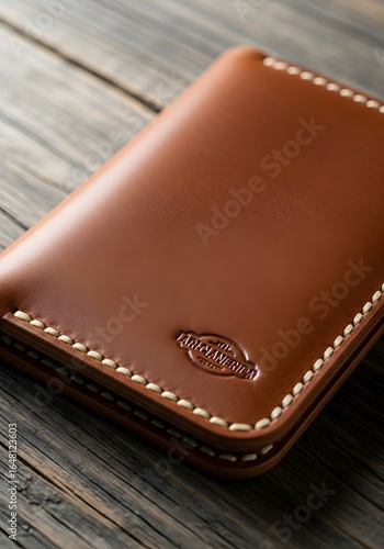 Handcrafted leather wallet, tan, stitched, wood background.